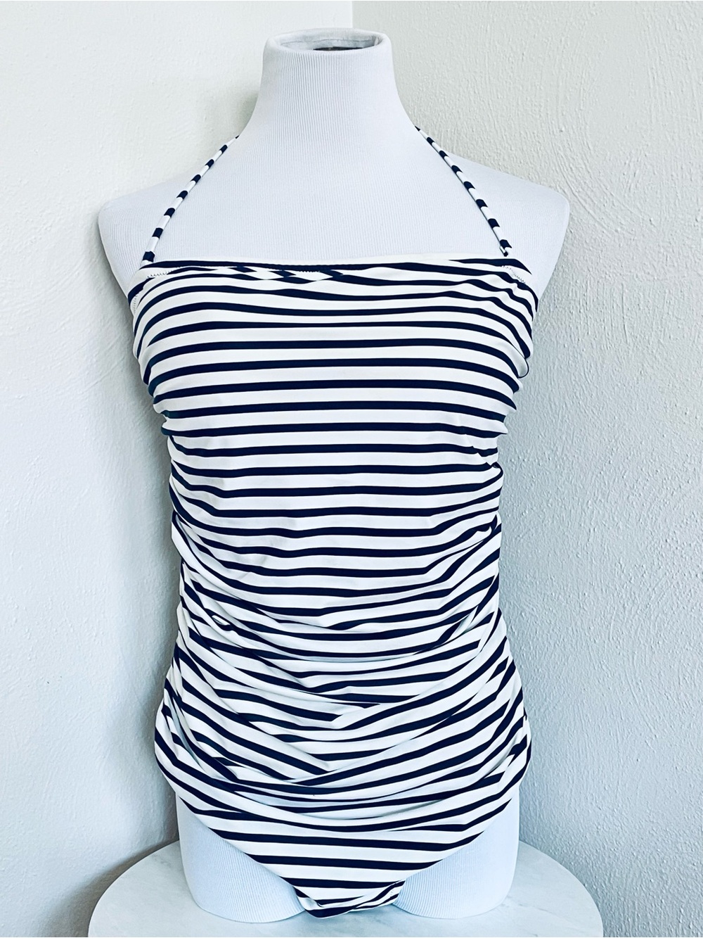 J. Crew Striped Ruched Bandeau One Piece Swimsuit Navy & White Size 12